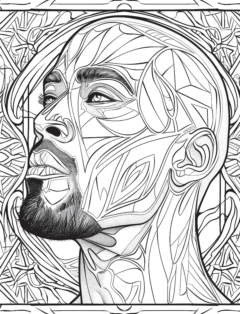 Puede incluir: Ilustraci&oacute;n en blanco y negro de l&iacute;nea de arte de un rostro de hombre con un patr&oacute;n geom&eacute;trico. El hombre est&aacute; mirando hacia arriba y tiene barba.