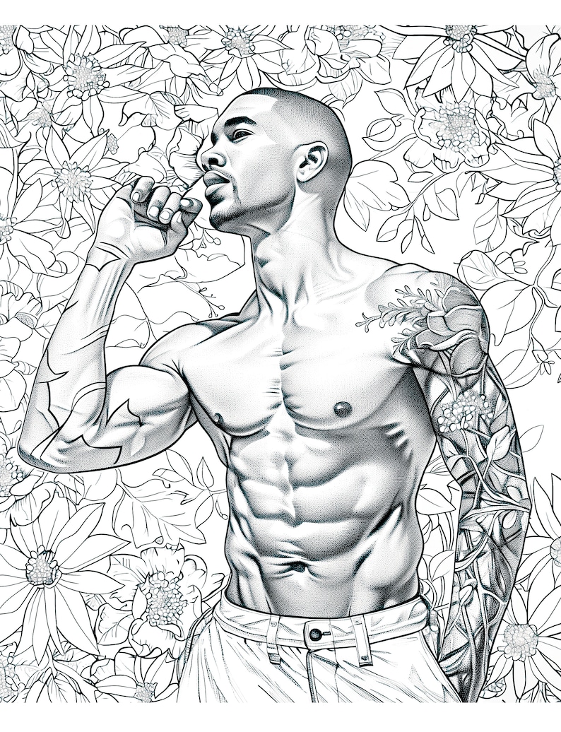 Puede incluir: Un dibujo en blanco y negro de un hombre sin camisa con un f&iacute;sico musculoso. Est&aacute; de pie en un campo de flores, con el brazo levantado y la mano cerca de la cara. El hombre tiene un tatuaje en el brazo.