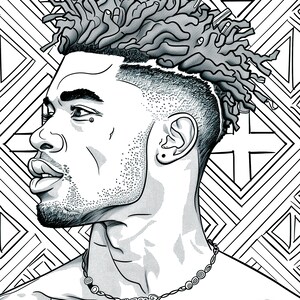 Puede incluir: Una ilustraci&oacute;n en blanco y negro de una persona con rastas. La persona mira hacia la derecha y lleva un collar. El fondo es un patr&oacute;n geom&eacute;trico en blanco y negro.