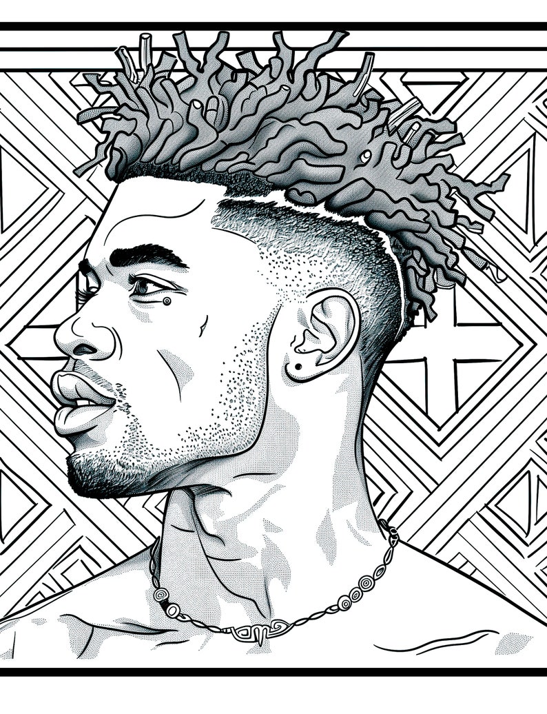 Puede incluir: Una ilustraci&oacute;n en blanco y negro de una persona con rastas. La persona mira hacia la derecha y lleva un collar. El fondo es un patr&oacute;n geom&eacute;trico en blanco y negro.