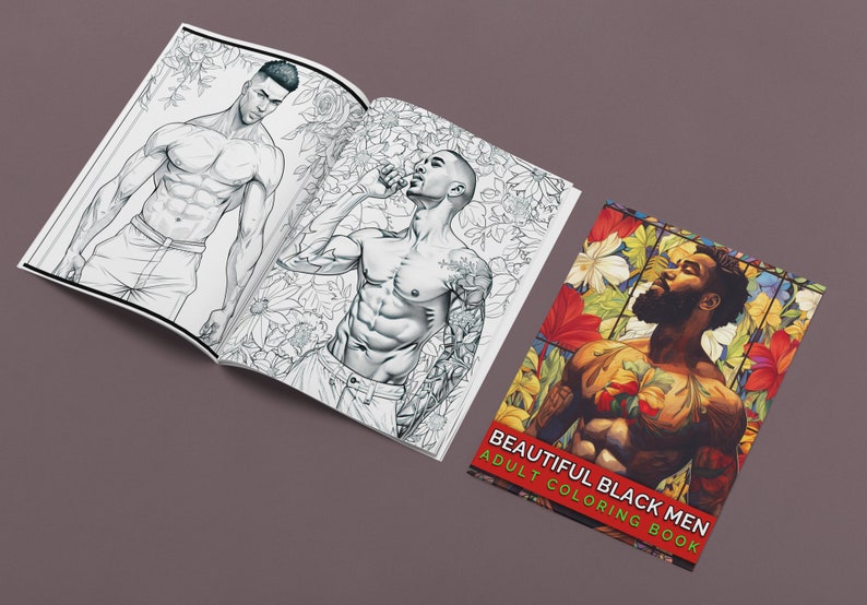 Puede incluir: Un libro para colorear para adultos abierto con el t&iacute;tulo "Beautiful Black Men Adult Coloring Book". El libro presenta ilustraciones en blanco y negro de hombres con musculatura detallada y fondos florales.