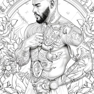 Puede incluir: Una ilustraci&oacute;n en blanco y negro de un hombre con barba y tatuajes. Lleva un reloj y una cadena alrededor del cuello. El fondo es un dise&ntilde;o floral.
