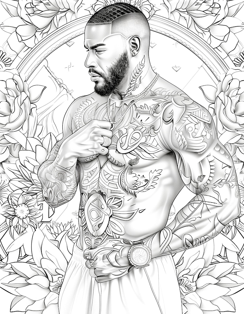 Puede incluir: Una ilustraci&oacute;n en blanco y negro de un hombre con barba y tatuajes. Lleva un reloj y una cadena alrededor del cuello. El fondo es un dise&ntilde;o floral.