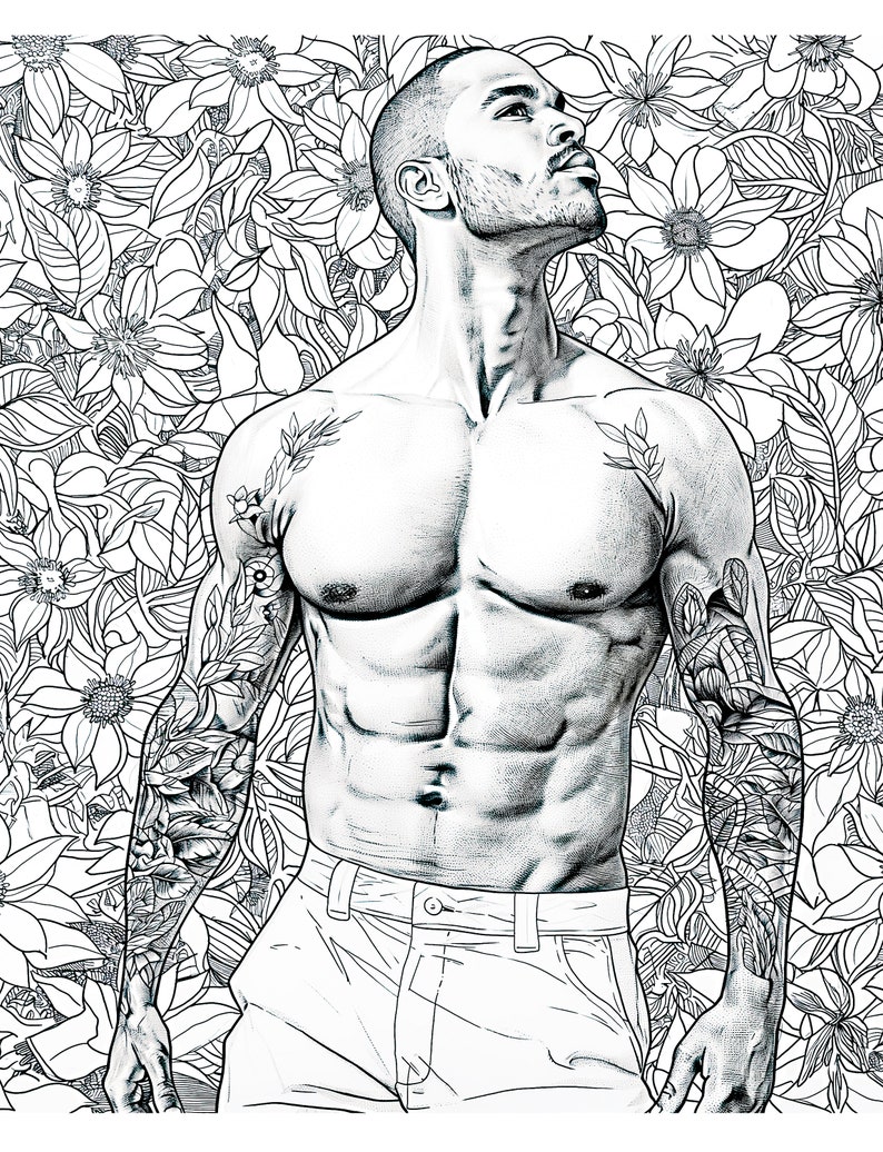 Puede incluir: Un dibujo en blanco y negro de un hombre sin camisa con tatuajes en los brazos, de pie frente a un fondo de flores estilizadas.