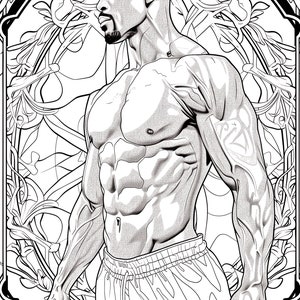 Puede incluir: Ilustraci&oacute;n en blanco y negro de un hombre musculoso con un torso definido, vistiendo pantalones cortos. El hombre est&aacute; de pie con los brazos a los lados y la cabeza girada hacia un lado. El fondo es un dise&ntilde;o decorativo con elementos florales.