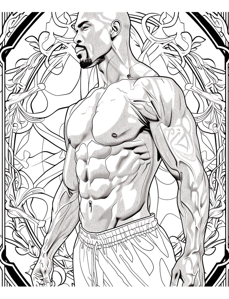 Puede incluir: Ilustraci&oacute;n en blanco y negro de un hombre musculoso con un torso definido, vistiendo pantalones cortos. El hombre est&aacute; de pie con los brazos a los lados y la cabeza girada hacia un lado. El fondo es un dise&ntilde;o decorativo con elementos florales.