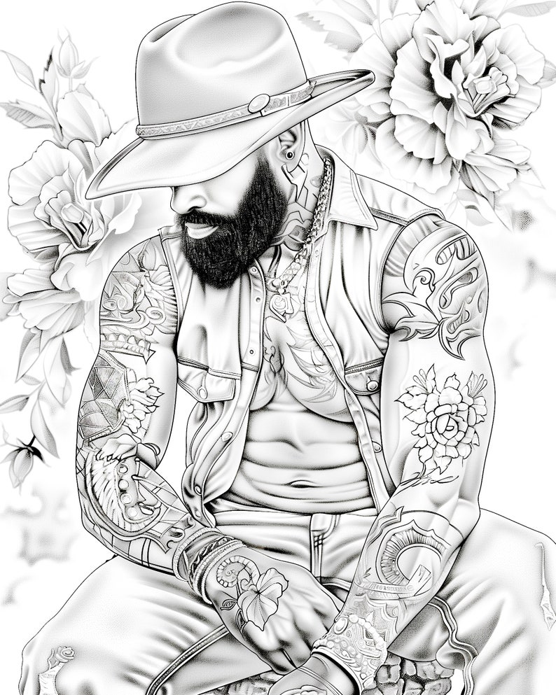 Puede incluir: Una ilustraci&oacute;n en blanco y negro de un hombre con un sombrero de vaquero y un chaleco. Tiene barba y tatuajes en los brazos. El fondo presenta flores.