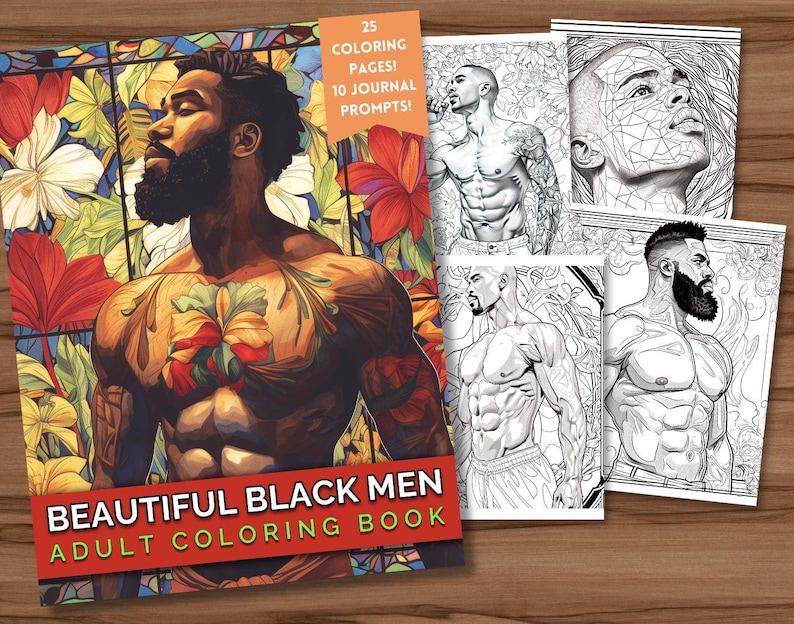 Puede incluir: Un libro para colorear para adultos con im&aacute;genes de hombres negros con dise&ntilde;os intrincados. La portada muestra a un hombre negro con barba y tatuajes, rodeado de flores. El t&iacute;tulo del libro es "Beautiful Black Men Adult Coloring Book".