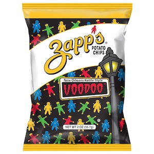 May include: A bag of Zapp's Voodoo potato chips. The bag is white with a yellow border and features a black and white illustration of voodoo dolls with colorful accents. The bag also features the text "Zapp's Potato Chips" and "New Orleans Kettle Style Voodoo".