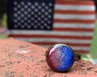 Red White and Blue Resin Ring Hand Crafted jewelry - Fourth of July -