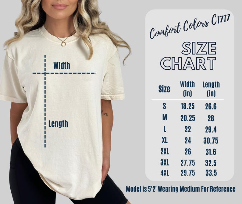 May include: Size chart for a t-shirt with measurements in inches. The chart shows the width and length of the shirt in sizes S, M, L, XL, 2XL, 3XL, and 4XL. The model is 5'2" and wearing a size Medium for reference.