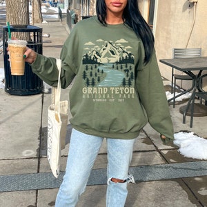Grand Teton National Park Sweatshirt, Militärgrün, Nationalpark Sweatshirt, Wyoming Wandern Camping Road Trip Rundhalsausschnitt, Jackson Hole