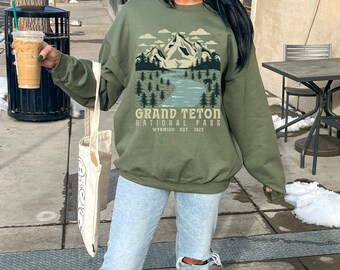 Grand Teton National Park Sweatshirt: Military Green Wyoming Crewneck