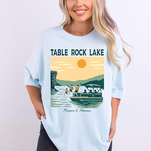 Table Rock Lake T-Shirt Komfort Farben, Missouri See Shirt, Kanu Geschenk, See Liebhaber T-Shirt, Sonnenuntergang Klippen Tshirt, Geschenk für ihn sie