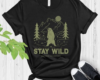 Stay Wild Bear Graphic Tee: Camping Hiking Adventure Shirt