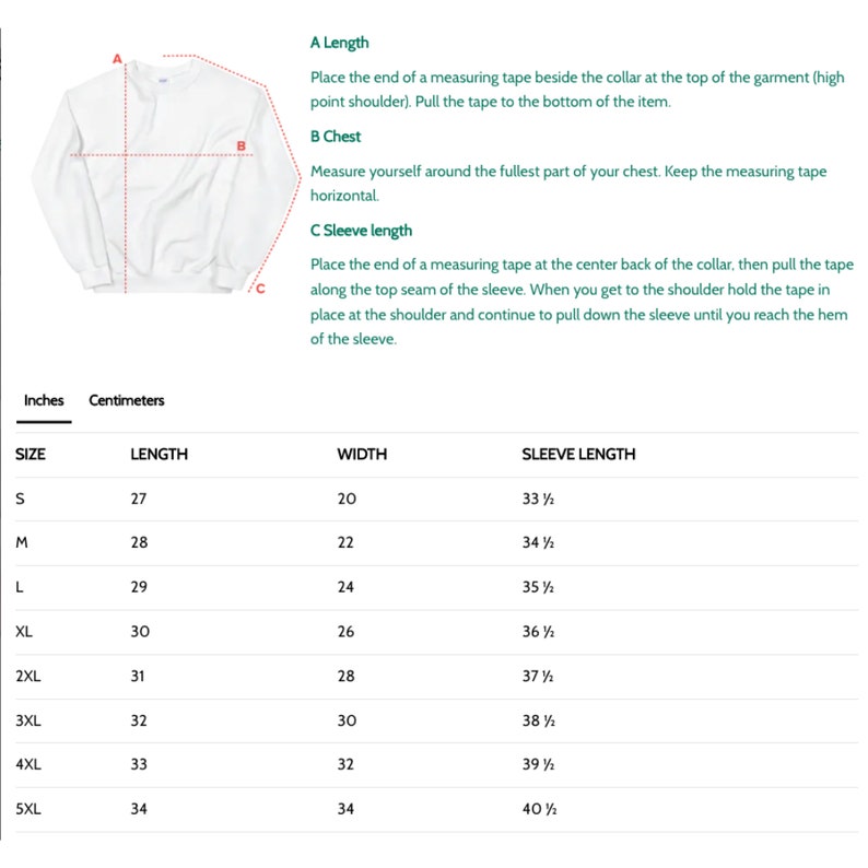 May include: A white sweatshirt with a size chart and measurement instructions. The chart includes sizes S to 5XL, with measurements in inches for length, width, and sleeve length. Instructions explain how to measure the length, chest, and sleeve length.