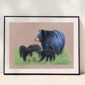 Mother Black Bear and Cubs Art Print, Bear Drawing Fine Art Print
