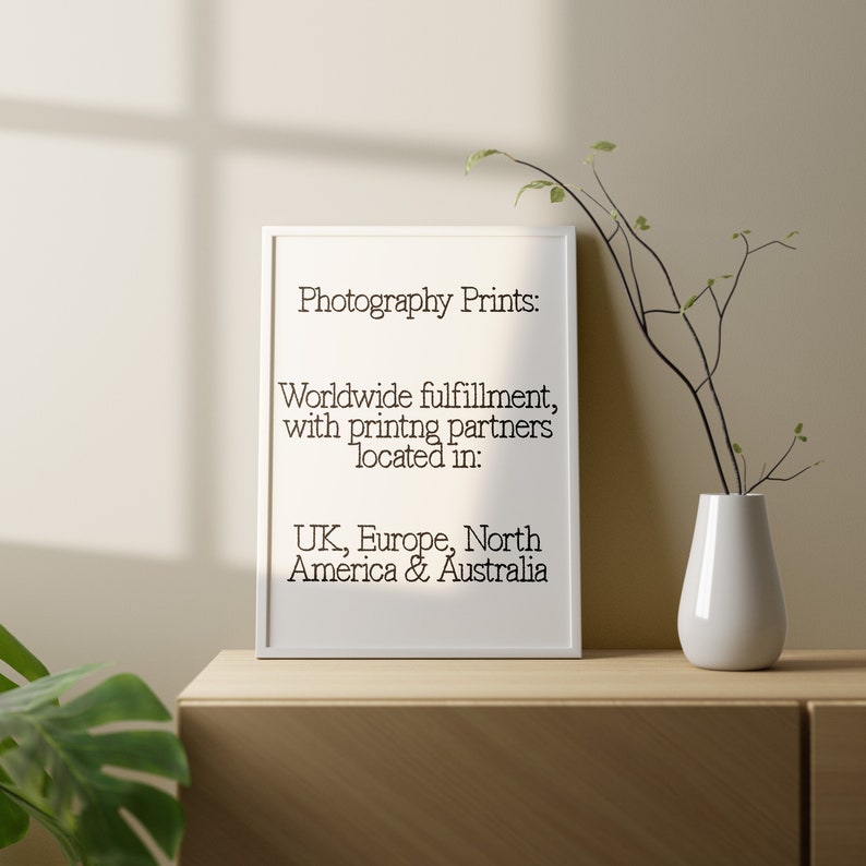 May include: A framed print with the text "Photography Prints: Worldwide fulfillment, with printing partners located in: UK, Europe, North America & Australia." A white vase with branches is to the right of the print.