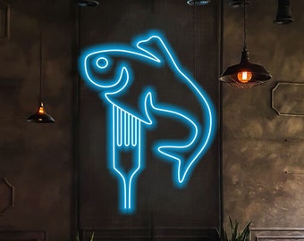 Letrero de neón de pescado y tenedor: decoración de cantina de restaurante