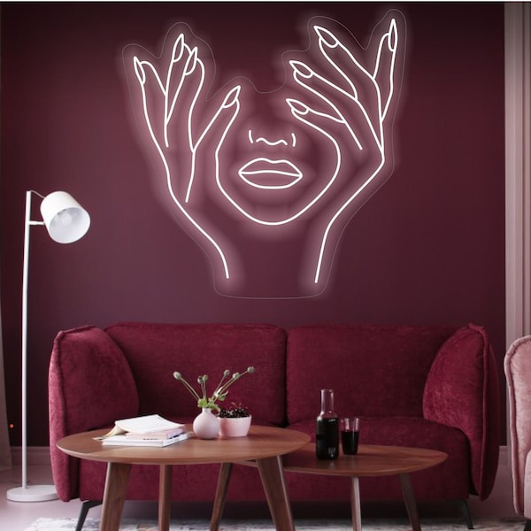 Nail neon sign face and hands. Beauty salon wall decor, nail service master logo, studio decor.