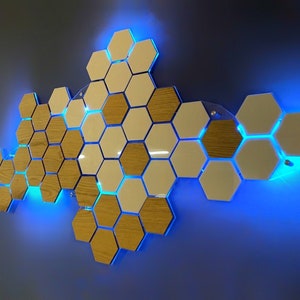 Honeycomb RGB Panel Hexagonal Wood and Acrylic. Wall Art for
