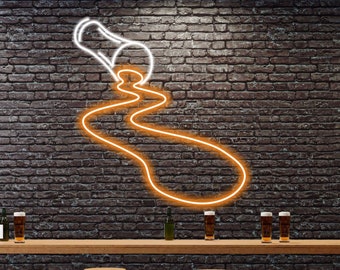 Jarra de cerveza con letrero de neón derramado para bar o pub