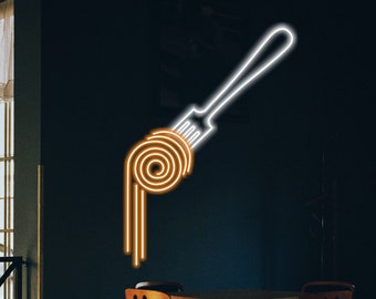 Letrero de neón de tenedor con espaguetis para decoración de cafetería o restaurante.