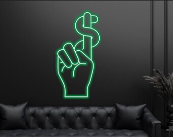 Letrero de neón de dólar para cambio de divisas. Decoración de pared con dólares.