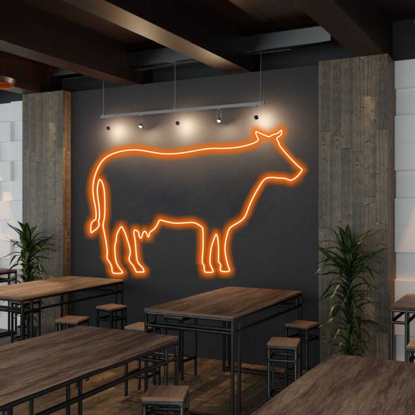 BBQ Cow letreros de neón - signo de carne para restaurante. Decoración del rancho, decoración de la pared del mercado de carne, letrero de parrilla.