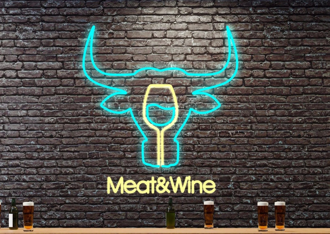 Meat and Wine Neon Sign Bull for Restaurant Decor. Bar Light LED Neon ...