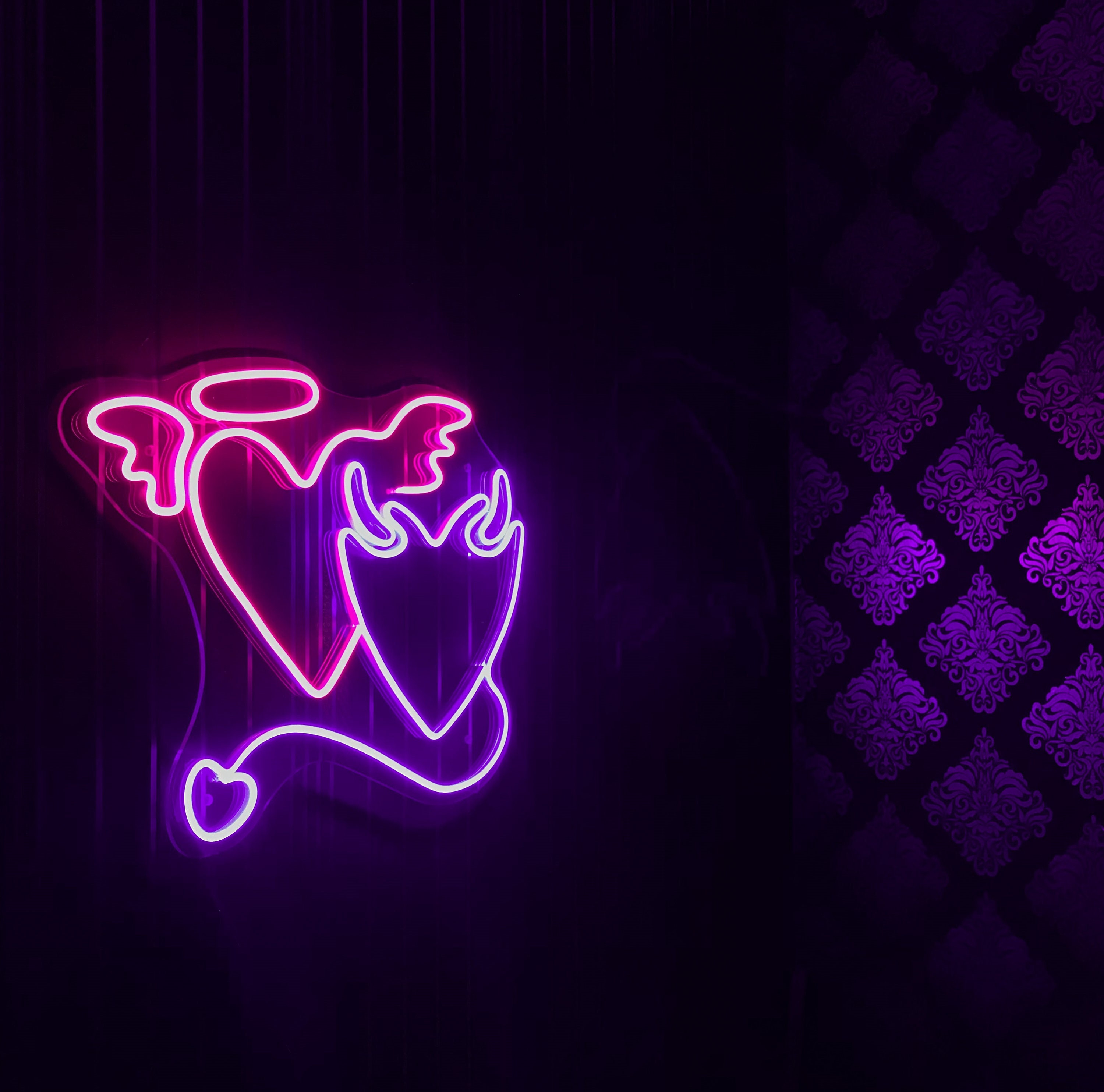 Angel and Devil Heart LED Neon Sign for Bedroom. LED Decor for