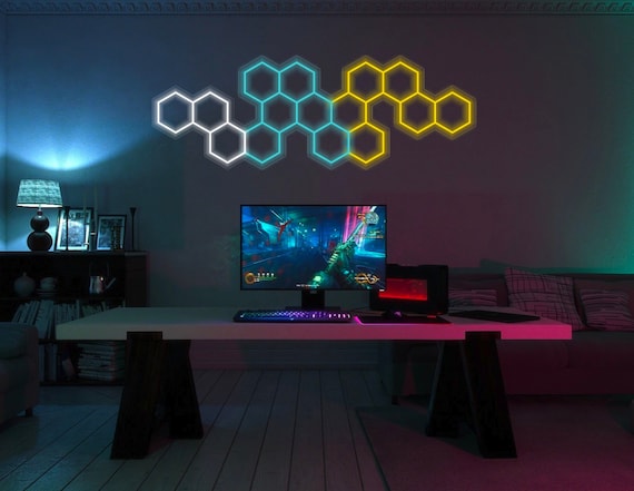 Pannello LED al neon a nido d'ape esagonale. Gaming, ufficio borsa