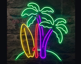 Tropical Palm and Surf Neon Sign: Beach Vibes Decor