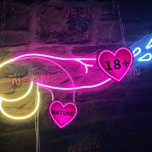 Neon sign Penis for sex shop and striptease club. Dick luminous decoration for bachelorette party or gay gift. image 1