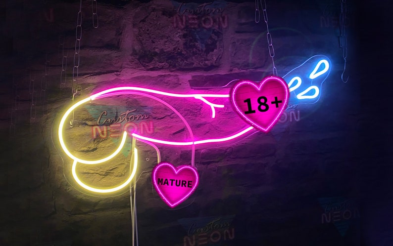 Neon sign Penis for sex shop and striptease club. Dick luminous decoration for bachelorette party or gay gift. image 1