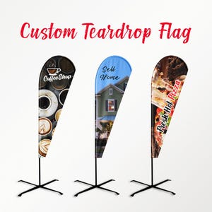 May include: Three teardrop flags with different designs. The first flag has a coffee shop theme with a brown and black background and the text "Coffee Shop". The second flag has a blue and white background with a house and the text "Sell Home". The third flag has a red and white background with a pizza and the text "Fresh Hot Pizza".