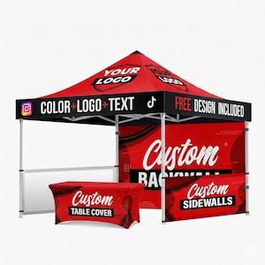 May include: A red and black custom pop-up tent with the text "YOUR LOGO" on the top. The tent includes a table cover and sidewalls, all with custom designs. The text "COLOR + LOGO + TEXT" and "FREE DESIGN INCLUDED" are also visible.