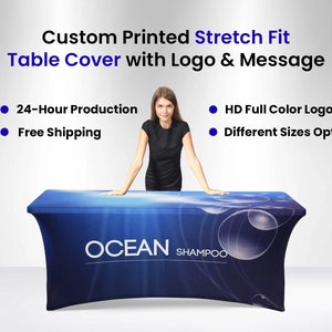 Tovaglia elasticizzata in spandex personalizzata, negozio per eventi pop-up, fiera commerciale con logo personalizzato, tovaglia con marchio per fiera di Natale