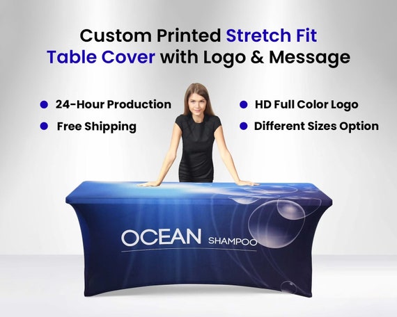 Custom Tablecloth Cover with Business Logo Text Personalized Fitted Table Clothes for 6 Ft Rectangle Tables for Tradeshow Events Party Custom Tablecloth Cover with Business Logo Text Personalized Fitted Table Clothes for 6 Ft Rectangle Tables for Tradeshow Events Party