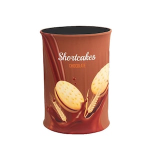 May include: A brown cylindrical counter with a black top. The counter is covered in a graphic of chocolate milk pouring over shortcakes with the text "Shortcakes Chocolate".
