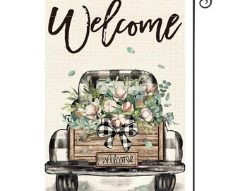 Welcome floral buffalo check old truck garden flag 2 sided burlap garden flags yard decor garden and home decor outdoor garden decor flags