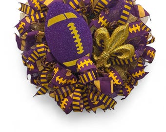Purple and Gold LSU Football Wreath, Fleur de Lis Door Wreath, Game Day Decor, Sports Team Ribbon Wreath, Handmade Front Door Decor