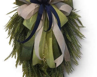 Greenery Door Swag, Everyday Front Door Swag, Farmhouse Door Decor, Cedar Teardrop Swag, Neutral Bow Porch Decoration
