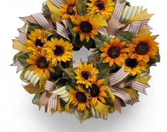 Handmade Sunflower Wreath, Summer Front Door Decor, Rustic Farmhouse Wreath, Yellow and Brown Floral Wreath,  Seasonal Sunflower Wreath