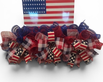 Patriotic American Flag Wreath, 4th of July Door Hanger, Red White and Blue Front Door Decor, Memorial Day Americana Wreath