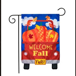 Red truck welcome fall harvest pumpkins autumn applique flag garden flags home decor garden decor outdoor garden decor flags Thanksgiving