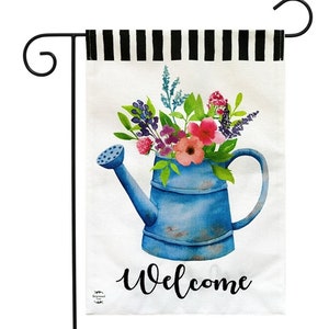 Welcome floral watering can burlap garden flag 2 sided burlap garden flags yard decor garden and home decor outdoor garden decor flags