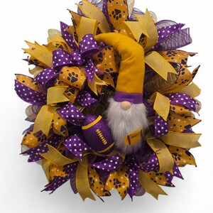 Purple and Gold Football Wreath with Gnome – Handmade Ribbon Door Decor, Sports Team Spirit Wreath, Game Day Front Door Decoration