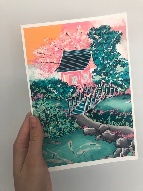 Japanese Garden Print - Textured A5 or A4 Print | Japanese Botanical Print | Spring Art | Blossom Art | Koi Pond Art | Oriental Garden