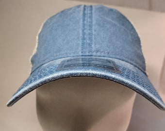 Blank denim blue jean DAD cap with soft mesh back, curved visor, snap back closure will become your favorite most comfortable cap you own!